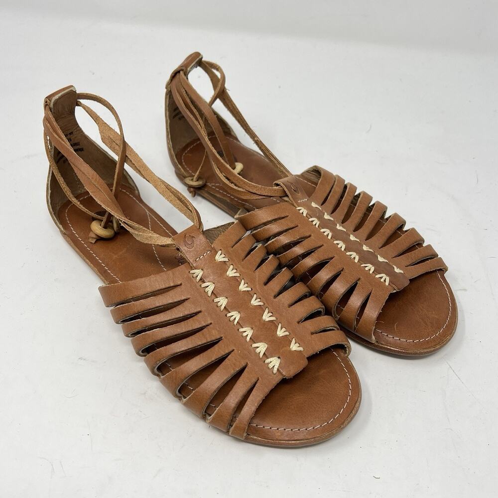 OLUKAI Hikina Brown Leather Strappy‎ Flat Sandals Women's Size 6 Huarache Beach